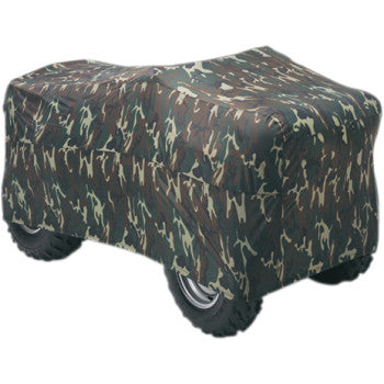 The ATV Guardian Cover Camo XL by Dowco shields an all-terrain vehicle in a camouflage pattern, leaving only the wheels exposed.