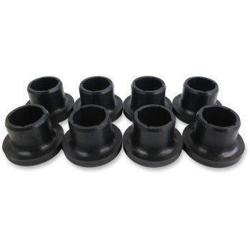 Eight black cylindrical bushings from the A-Arm Bushing Kit Front by Epi are displayed in two rows on a white background. Each bushing has a flanged end, offering an OEM-quality solution for replacing worn front suspension parts.