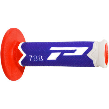 Off-road motorcycle grip with textured blue rubber body, white accents, and red flange and end cap.
