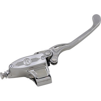 Chrome motorcycle brake master cylinder with polished finish and curved lever.