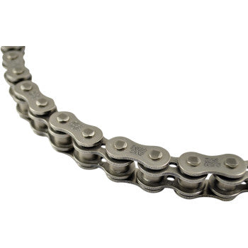 Close-up of the 520 SRX2 Drive Chain 130 Links by Ek, a metallic motorcycle chain, shown in a curved arrangement against a white background.