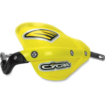 The Probend™ Alloy Bar Pack Yellow by Cycra features a yellow handguard with black and white logo, durable Probend bars for extra protection, black mounting bracket, and two visible screws securing the plastic guard.