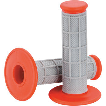 Two red Qualifier Grips Half Waffle by Moose Offroad, one upright and one lying horizontally, with a grid and diamond pattern for enhanced grip—perfect for twist throttle vehicles.