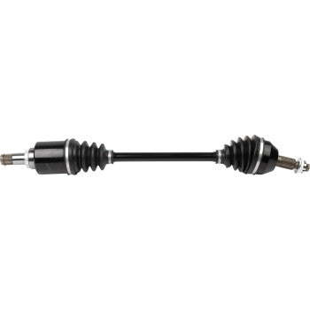 The Honda Pioneer Axle Kit Complete Standard Rear Left 1000 Trail est by Moose Offroad features a black 4340 chrome-moly steel CV axle shaft with rubber boots, precision-ground components, and metal joints on a solid central shaft.