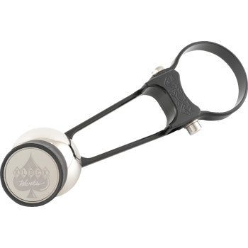 A black and silver Phone Mount Roll Cage Offset 2" by Klock Werks, featuring a circular design and a handle with an engraved spade symbol, is shown against a white background, echoing the sleek style of iOmounts mounting systems.