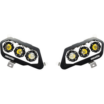 The Honda Talon Headlight by Heretic features black, rectangular LED off-road lights, each with three circular yellow CREE LEDs, mounted on CNC aircraft-grade aluminum brackets.