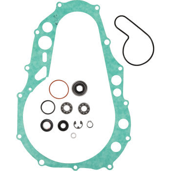 The Kawasaki - Suzuki - Arctic Cat Water Pump Rebuild Kit by Prox includes a large green gasket, O-rings, seals, washers, and metal clips—all neatly arranged on a white background.