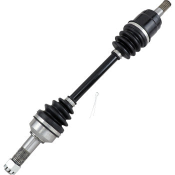 Black and silver metal axle shaft with rubber bellows and splined ends for Honda TRX front right wheel.
