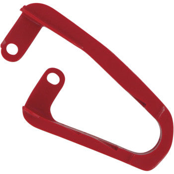 The Honda TRX R Front Chain Slider Red by Moose Offroad is a red, flat, plastic tool with two rounded ends and holes, curved hook-like shape, made in the U.S.A.—ideal for holding or attaching items during install.