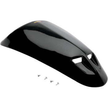 The Hood Black Vented by Maier is a glossy black high-density polyethylene fender with two angular vents, displayed alongside four small metal screws on a white background.