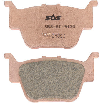 Pair of rectangular copper-colored sintered brake pads with grey friction surface and SBS branding.