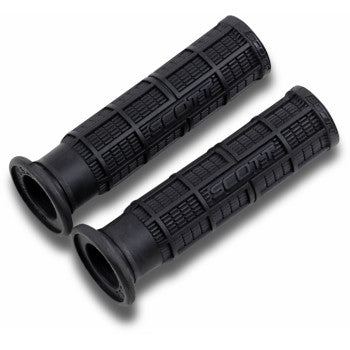 A pair of black rubber Scott Hurricane Replacement Grips Shokout by Boyesen, featuring a grid-textured pattern and "SCOTT" embossed sides, designed for impact absorption.