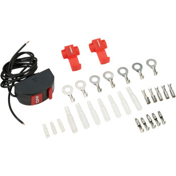 A Universal On / Off Flat Mount Toggle Switch by Moose Offroad, with wiring accessories like electrical connectors, terminals, two red plastic parts, and multiple white and silver connectors arranged on a white background.
