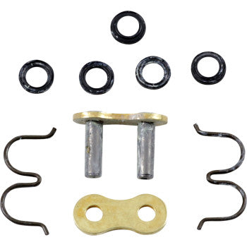The 520 R33 Chain Replacement Connecting Link Rivet by Renthal includes two metal outer plates, two metal pins, four rubber O-rings, and two curved metal clips, displayed on a white background.