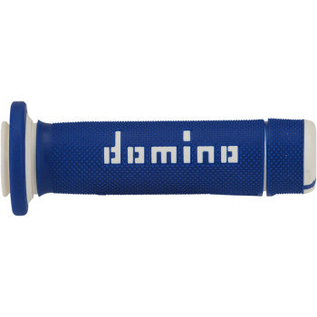 The ATV Grips Blue White by Domino are dual-compound handlebar grips featuring a textured blue surface with the white domino logo.