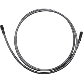 The KARBONFIBR Brake Line 78" by Magnum Shielding is a coiled, flexible, metallic braided hose reinforced with Kevlar aramid fiber and connectors at both ends, displayed in a circular shape on a white background.