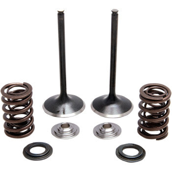 The Honda Valve and Spring Kit 0.440" lift for Honda TRX R by Kibblewhite, featuring two metal valves, two coiled springs, and related circular parts, is displayed on a white background; these are for an engine’s valve system.