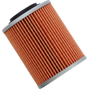 The Can Am Oil Filter by Twin Air is a cylindrical, pleated orange-brown paper filter with gray ends, designed for maximum protection and dependable performance. Shown angled on a white background.