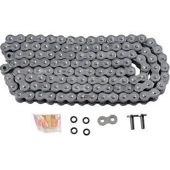 The 525 Max X Drive Chain 120 Links Chrome by RK, with connector link, two metal pins, four rubber O-rings, and lubricant packet—showcasing high tensile strength—is neatly arranged on a white background.