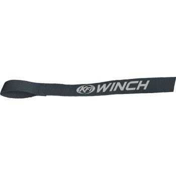 The Hand Saver Winch Black by Kfi Products is a woven nylon strap with a loop and KFI WINCH in white text, perfect for use with a winch clevis hook or when freespooling your winch cable.