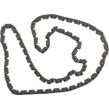 The Cam Chain 82RH2015 x 126 Links by Moose Offroad, made from durable steel alloys with visible pins and solid bushings, is arranged in a loose wave pattern on a white background.