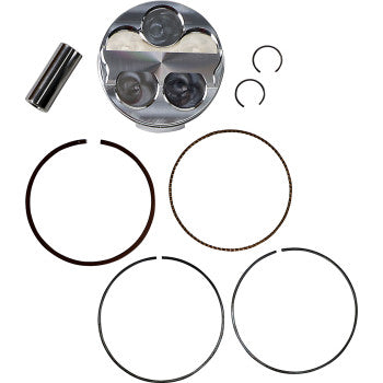 The Piston Kit by JE Pistons includes a forged aluminum piston, piston pin, two circlips, and four piston rings displayed on a white background.