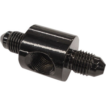 The Switch Block AN3 Black by Magnum Shielding is a glossy black metal adapter with threaded ends, a side port, and three central openings, ideal for connecting hoses or pipes with AN-3 brake line fittings.