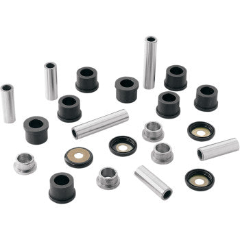 The Rear Independent Suspension Repair Kit by Epi includes metal bushings, black cylindrical spacers, and round washers, typically used for independent suspension arms, shown arranged randomly on a white background.