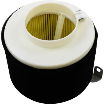 Cylindrical black foam air filter with white plastic top and yellow pleated paper core inside.