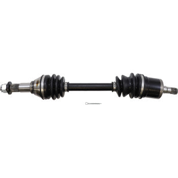 The Can Am Outlander Can Am Renegade CV Axle Kit Complete OEM Replacement Standard Front Left by Moose Offroad, shown horizontally with rubber boots and chromoly steel joints, includes a small metal pin beneath it on a white background.