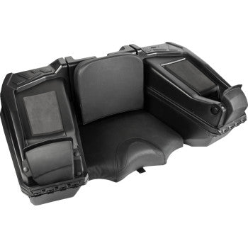 The NOMAD Rear Trunk Plus by Kimpex is a black ATV cargo box with a padded seat and backrest, two side compartments with latches, textured surfaces, 115L of storage space, and easy installation for added convenience.