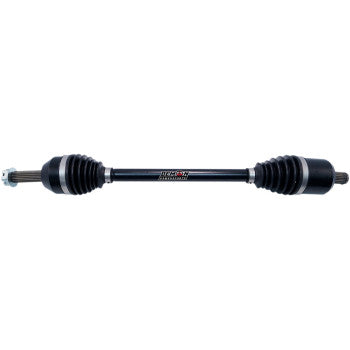 Black heavy-duty Polaris RZR front axle with rubber CV joints and metal shaft by Demon.