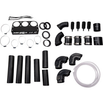 The Polaris ATV Snorkel Kit by High Lifter includes black tubes, ABS piping, elbows, clamps, air intake parts, plastic fittings, zip ties, a mounting plate, and a clear flexible hose—all displayed on a white background.