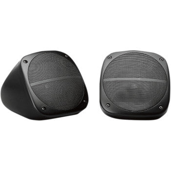 A pair of Jensen 5" Surface Mount speakers, compact and black with rounded edges and front metal grilles, weatherproof and wedge-shaped, are shown side by side on a white background—ideal for outdoor installations.
