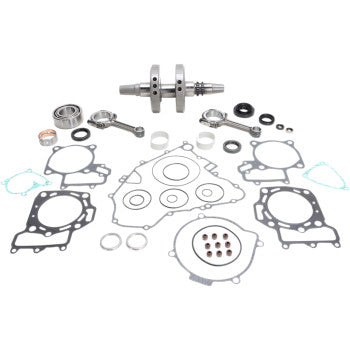 The Kawasaki OE Crankshaft Replacement Kit by Hot Rods is displayed on a white background, featuring a crankshaft, gaskets, seals, bearings, connecting rod, and rings arranged neatly.