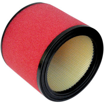 The Arctic Cat Replacement OEM Air Filter by Uni Filter is a cylindrical filter with a red foam exterior, black plastic end rims, and a yellow mesh interior visible through the open end for improved airflow.