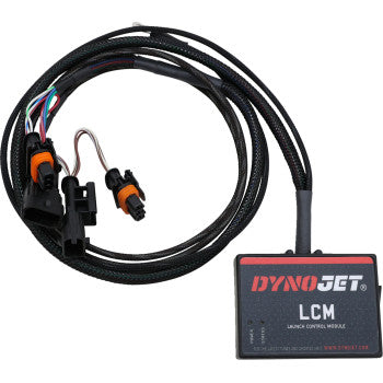 A Polaris Launch Control Kit by Dynojet, featuring black braided cables and multiple connectors for precise two-step launch control, is displayed against a white background.