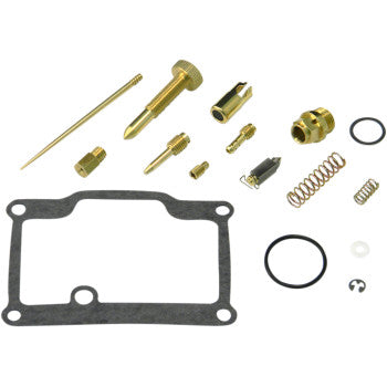 Set of brass carburetor repair parts including jets, needle, springs, gaskets, and O-rings arranged on white background.