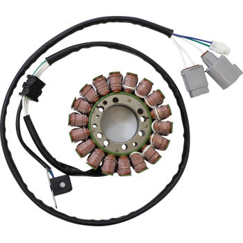 The Yamaha Hot Shot Stator by Rick's Motorsport Electric features multiple copper coils and black wiring with connectors, designed as an OEM replacement part for use in Yamaha electric motors or generators.