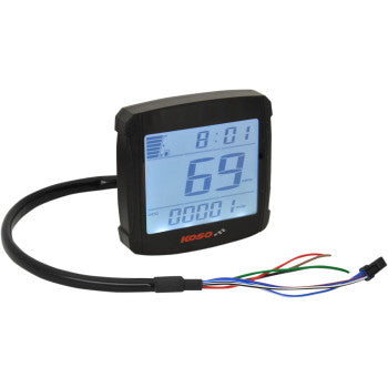 The XR 01 Speedometer by Koso North America features a black-cased digital LCD display showing “69,” wiring on the left, and a red Koso logo. This compact 2.94 L x 3.05 W x 0.94 D unit can also function as an odometer for added convenience.