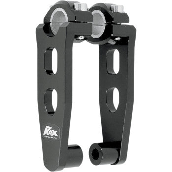 Elite Pivoting Handlebar Risers 5" Black by Rox Speed Fx feature black metal construction, two mounting holes, silver bolts, and a white Rox logo. Designed to fit 7/8" and 1 1/8" handlebars, they offer secure and versatile elevation for your bike or motorcycle.