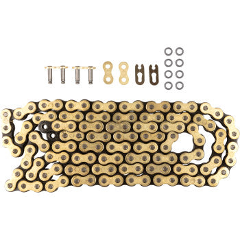 The 520 O-Ring Series Drive Chain (118 Links) by Moose Offroad is shown coiled, with its connecting links, master link, bolts, and washers displayed above it on a white background.