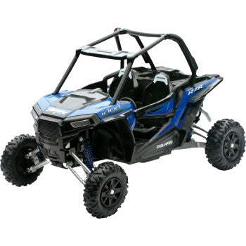 The Polaris RZR XP 1000 1:18 Scale Voodoo Blue by New Ray Toys is a blue and black collectible ATV model with large off-road tires, roll cage, and two seats—perfect for adventurous kids and toy collectors.