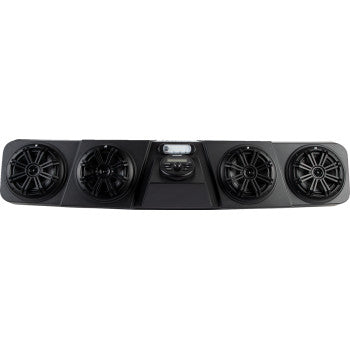 Black audio soundbar with four round speakers and a central control panel for Honda Pioneer UTV.