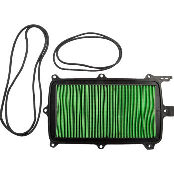 The Honda Air Filter by Moose Offroad, rectangular and green with a black frame, is displayed with two black neoprene sealing rings on a white background for maximum protection and optimal airflow.