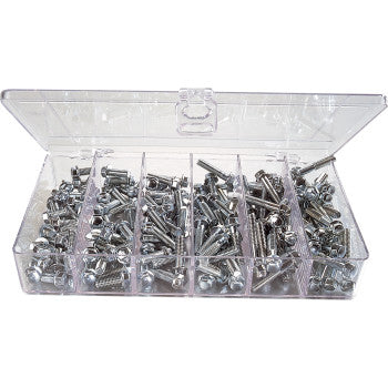 The Flange Head Bolt Set M6 by Tmv features a clear organizer box with multiple compartments, each holding assorted sizes of silver flange bolts. The hinged lid opens to display the neatly separated fasteners for easy access.