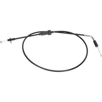 The Polaris Black Vinyl Throttle Cable 35 3/4" by Moose Offroad, with metal ends and a curved sleeve, features a pre-lubricated nylon sleeve for smooth operation and is shown coiled on a white background.