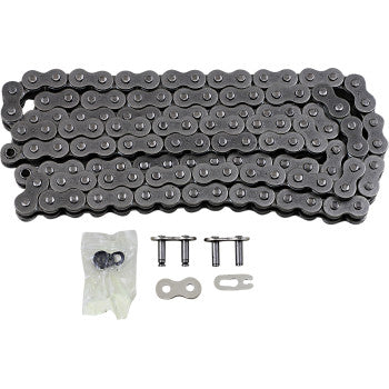 The 520 X1R3 Chain 124 Link by JT Chains, made from durable steel alloys, is coiled on a white background with a small plastic bag containing a connecting link and chain parts placed in front.
