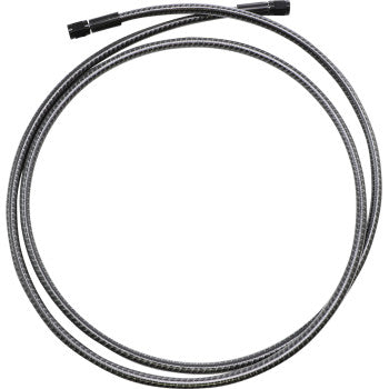 The KARBONFIBR Brake Line 64" by Magnum Shielding is a coiled, flexible high-performance motorcycle brake line with black end connectors and a carbon fiber braid, shown in a circular shape on a white background.