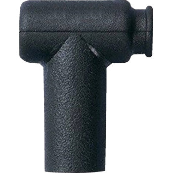 The Spark Plug Cap 90° 14 mm by K&S Technologies is a black, T-shaped plastic connector with a cylindrical base and horizontal top, ideal for covering resistors or pairing with rubber caps.